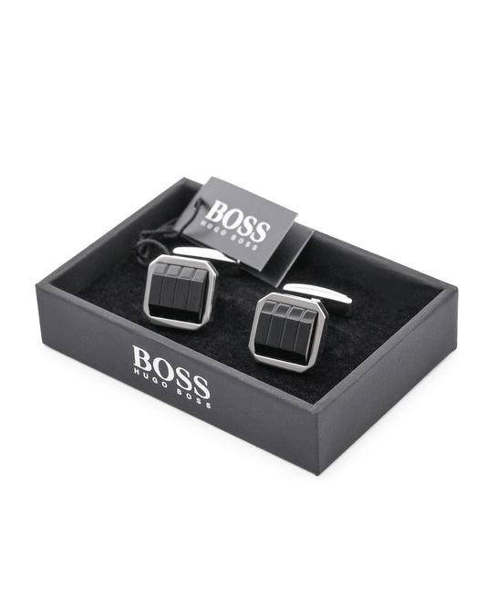 BOSS Black Enamel Cufflinks – Sleek Modern Detailing in Polished Silver Tone