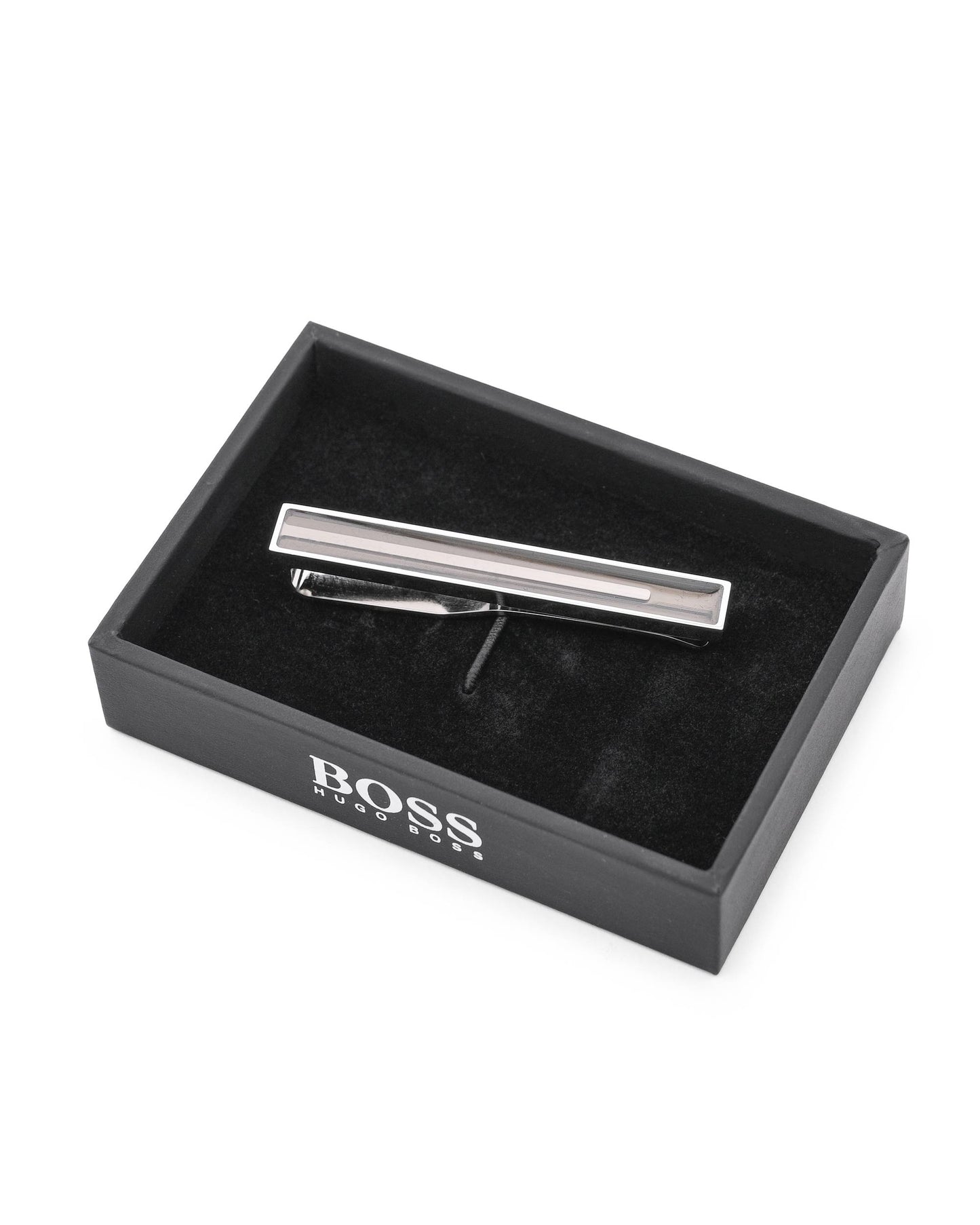 BOSS Medium Grey Tie Clip – Modern Brass Detailing for a Polished Look