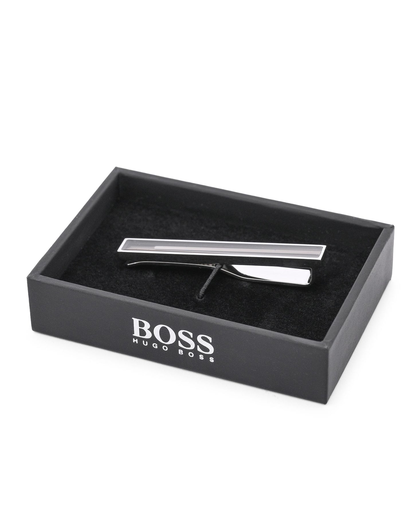 BOSS Medium Grey Tie Clip – Modern Brass Detailing for a Polished Look