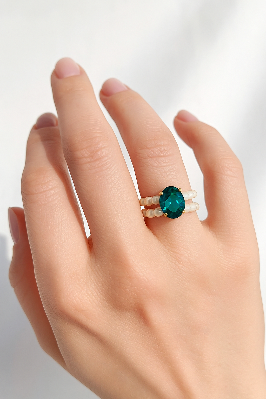 3-Shade Blue Cubic Zirconia & Freshwater Pearl Elastic Ring