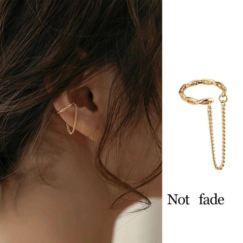 Minimalist No-Piercing Ear Cuff with Chain – Gold