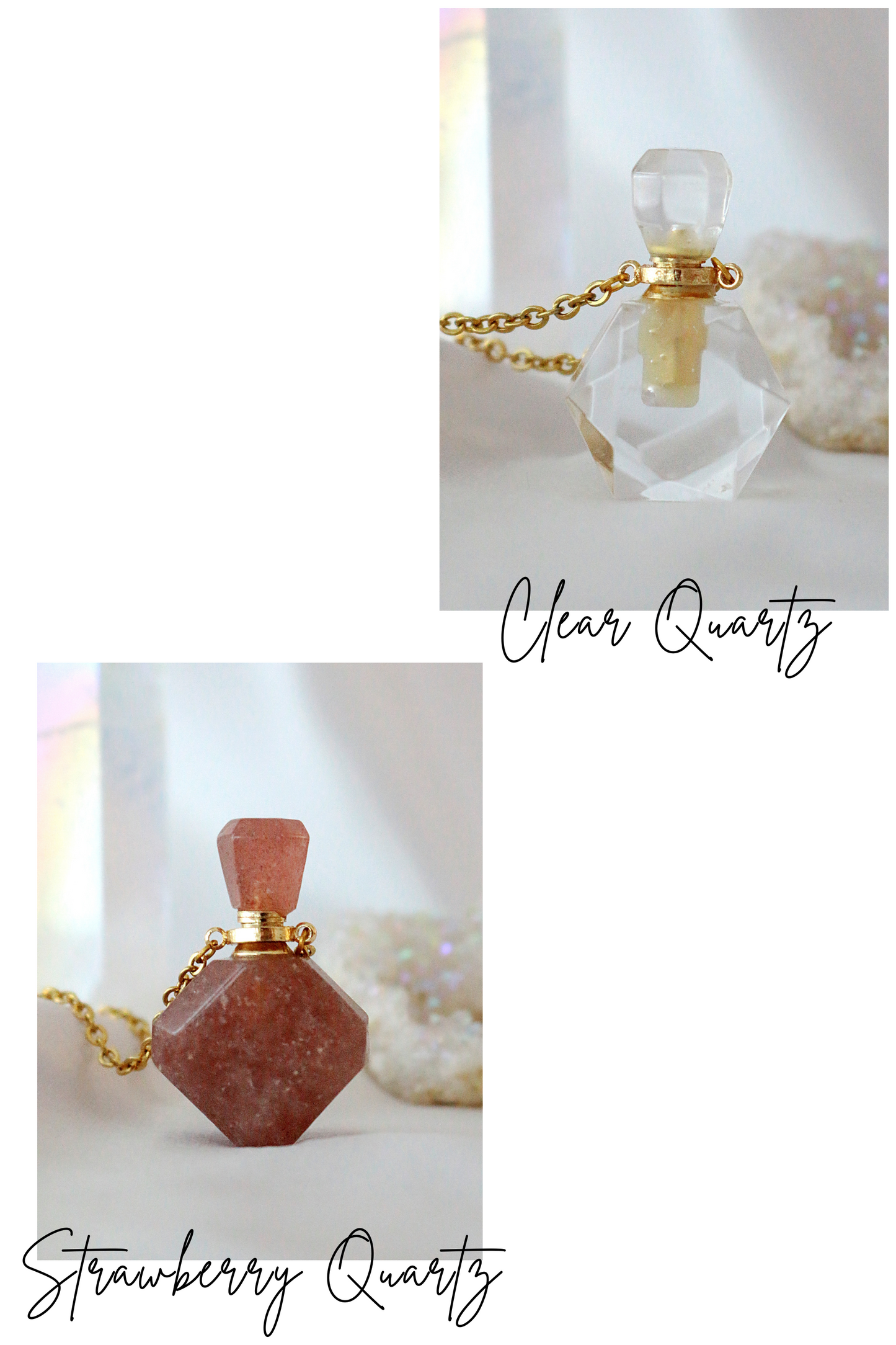 Natural Crystal Aromatherapy Bottle Pendant Necklace – 24K Gold-Plated Chain