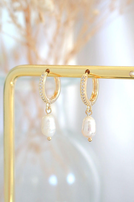 24K Gold-Plated Freshwater Pearl Mini Dangle Hoop Earrings