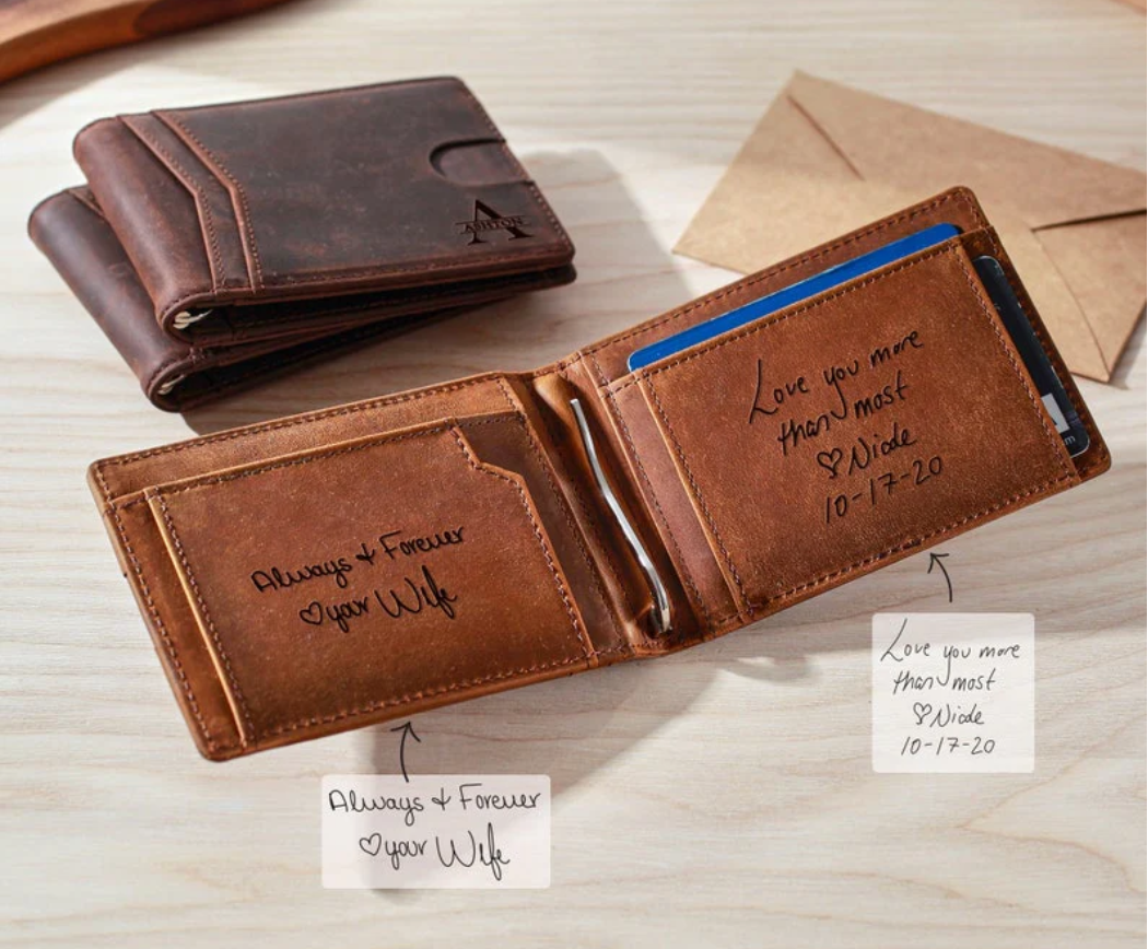 Personalised Handwriting Leather Wallet – Slim RFID-Protected Gift for Him