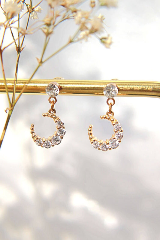 24K Gold-Plated Crescent Moon Cubic Zirconia Stud Earrings