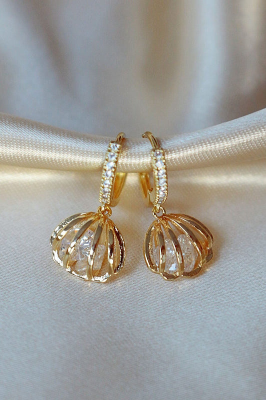 24K Gold-Plated Seashell Cubic Zirconia Hoop Earrings