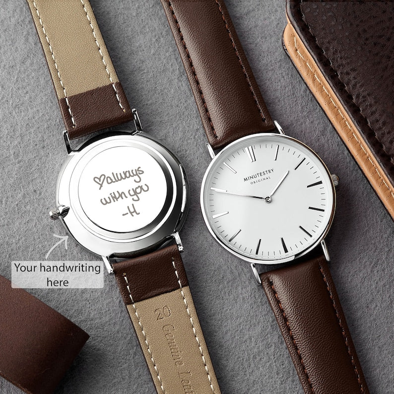 Personalized Handwriting Leather-Strap Watch – Engraved Gift for Him