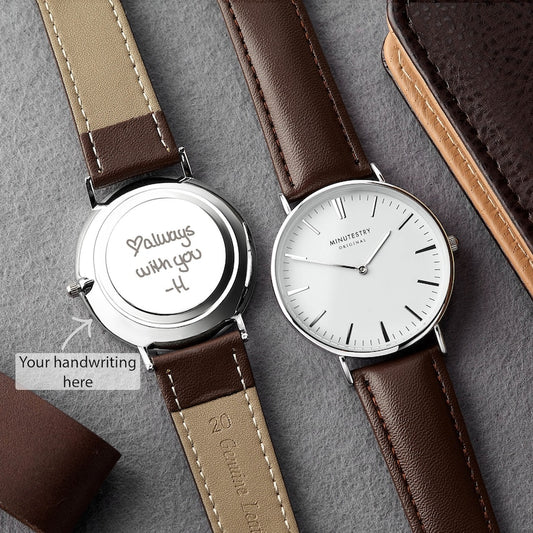 Personalized Handwriting Leather-Strap Watch – Engraved Gift for Him