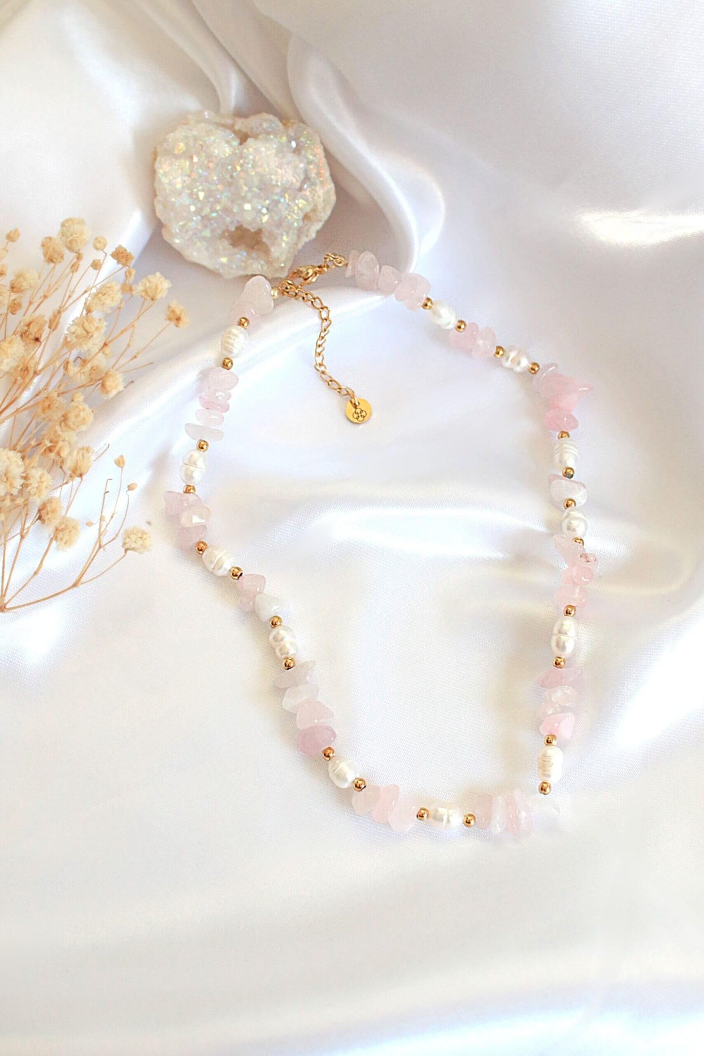 Natural Rose Quartz Crystal & Freshwater Pearl Choker Necklace