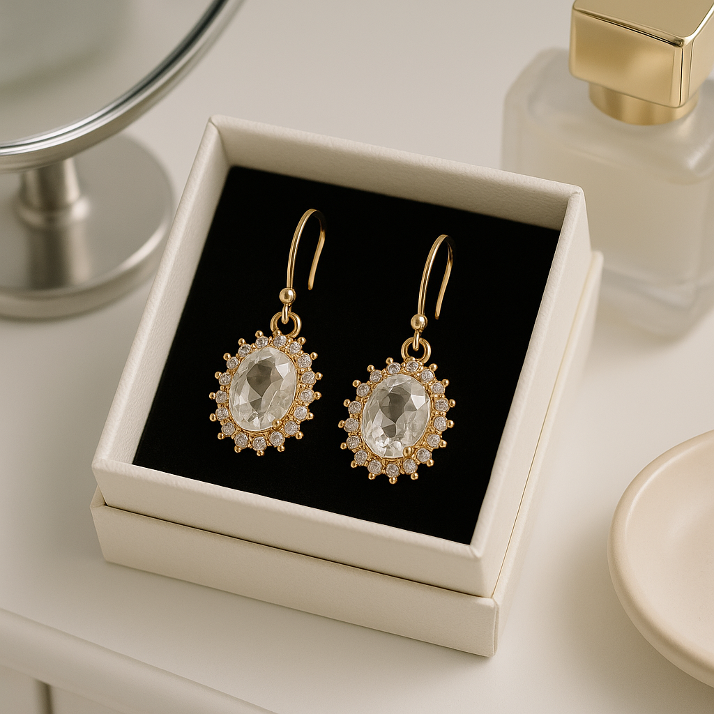 Elegant Gold-Plated Bridal Earrings with Oval Crystal & Cubic Zirconia