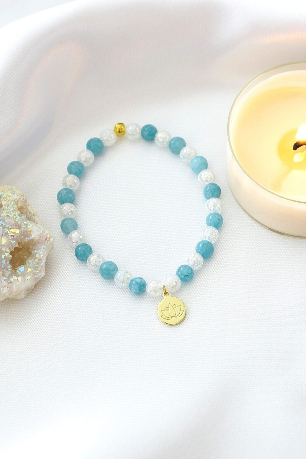 Aquamarine Bead Bracelet with 24K Gold-Plated Lotus Charm