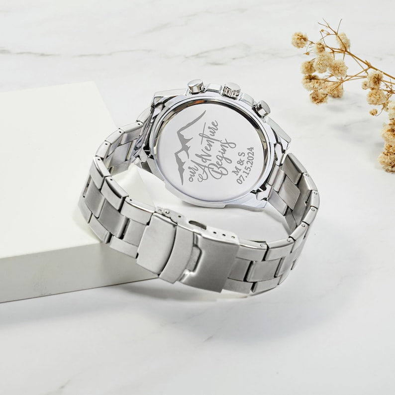 Personalised Stainless Steel Chronograph Watch – Engraved Gift for Him