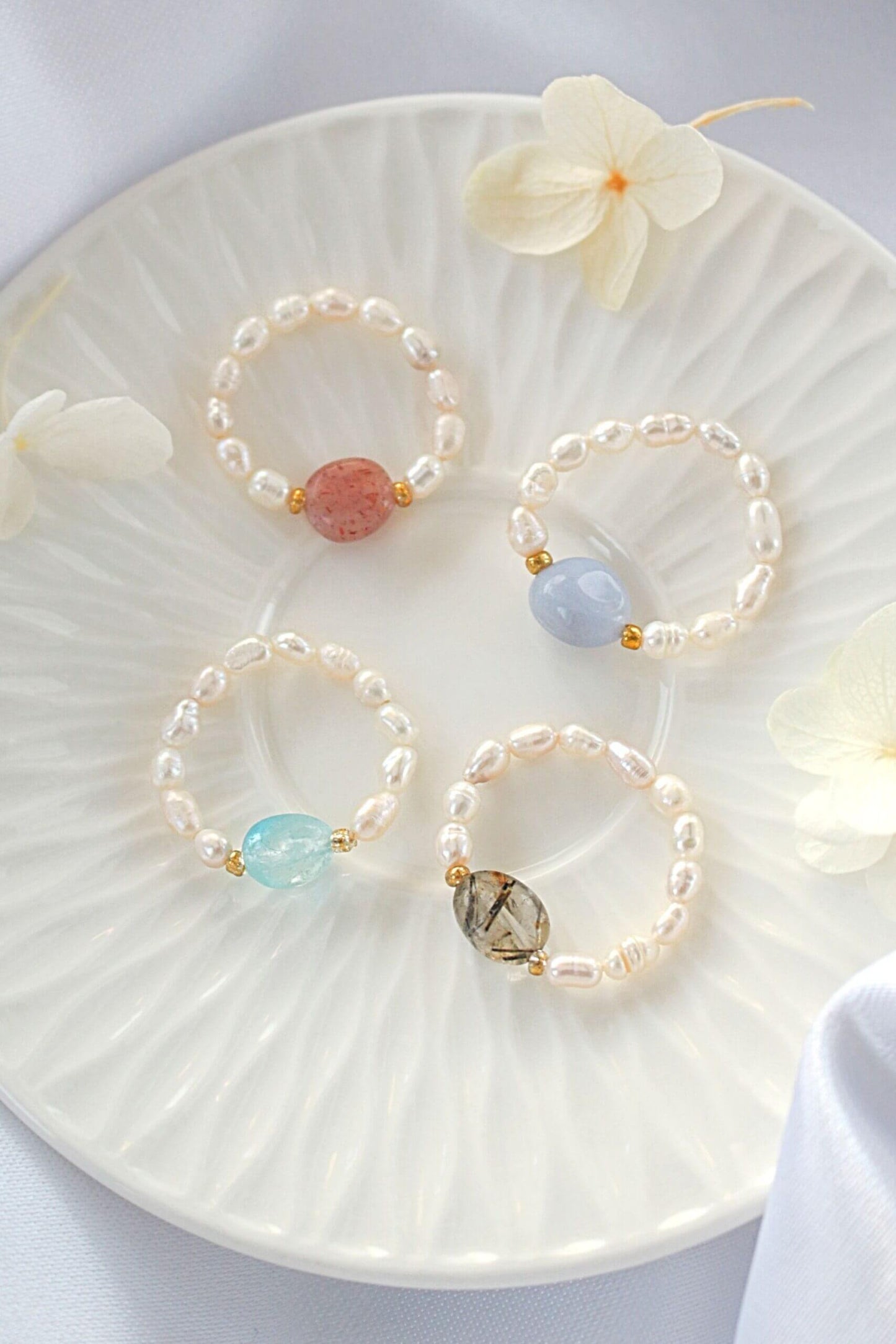 Natural Crystal & Freshwater Pearl Adjustable Ring Collection