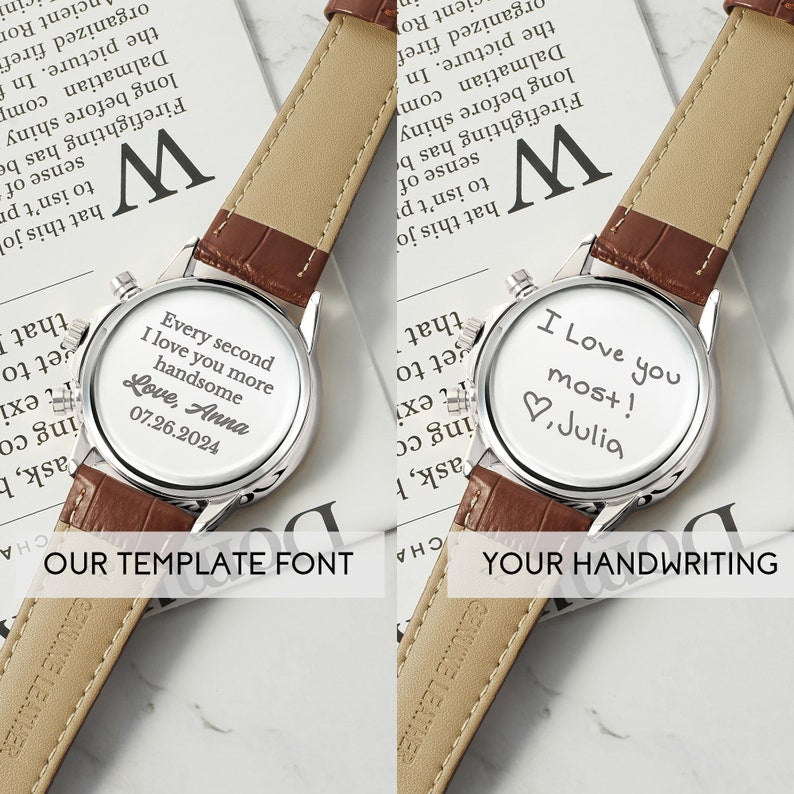 Personalized Handwriting Chronograph Watch – Stainless Steel & Leather Gift for Him