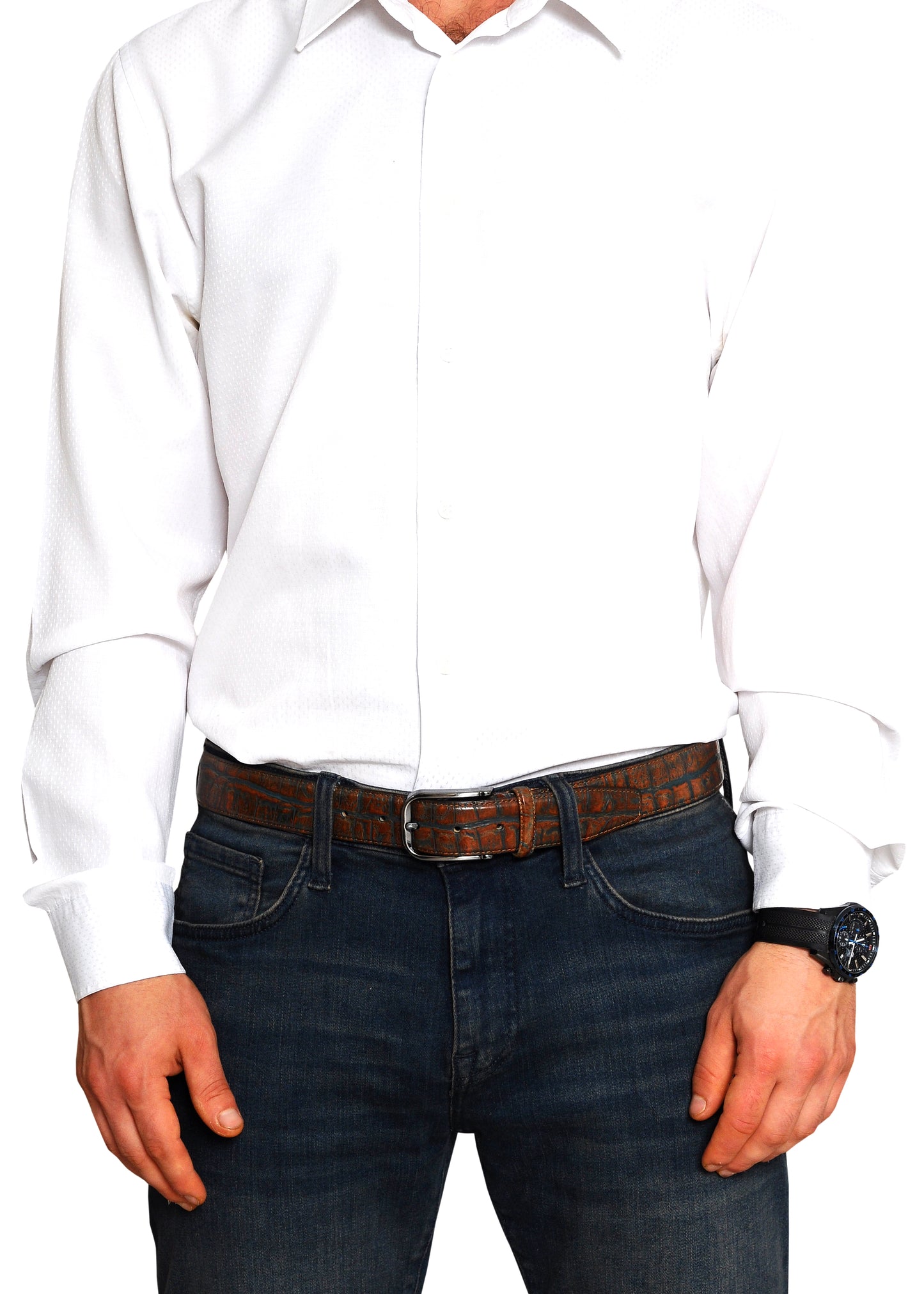 Vegas tofarvet læderbælte til mænd – brunt og blåt statementdesign