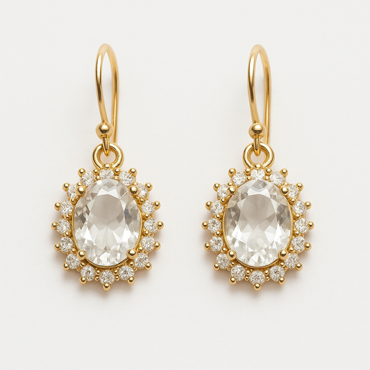 Elegant Gold-Plated Bridal Earrings with Oval Crystal & Cubic Zirconia