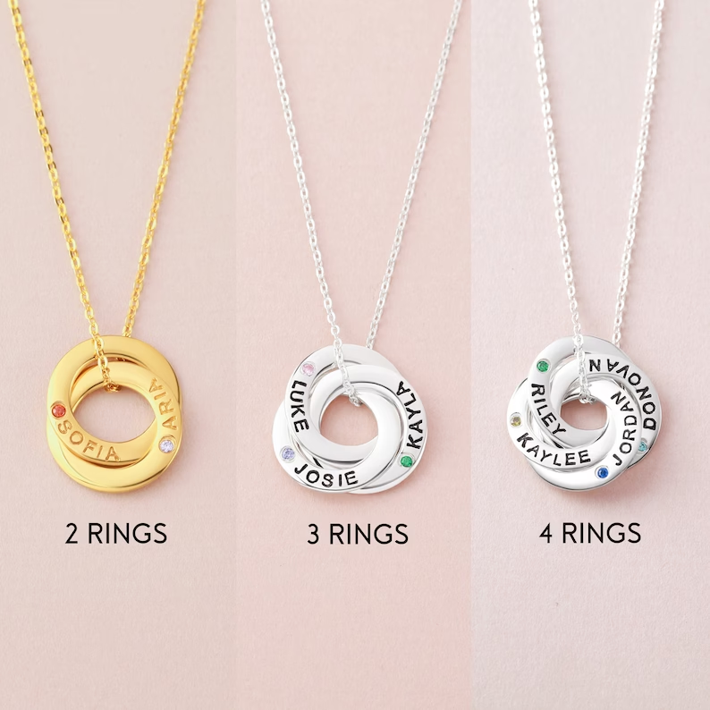 Personalised Interlocking Rings Necklace with Children’s Names & Birthstones