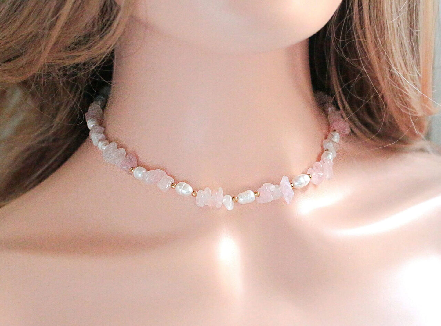 Natural Rose Quartz Crystal & Freshwater Pearl Choker Necklace