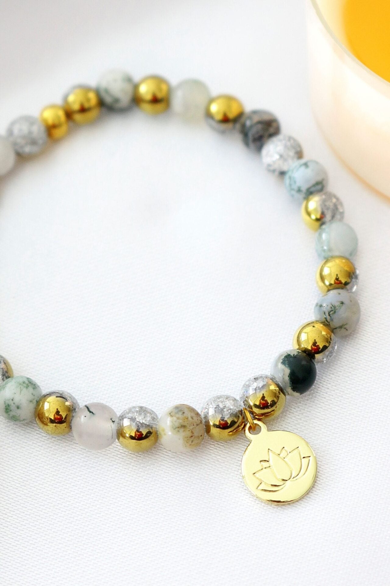 Moss Agate & 24K Gold Lotus Charm Elastic Bracelet