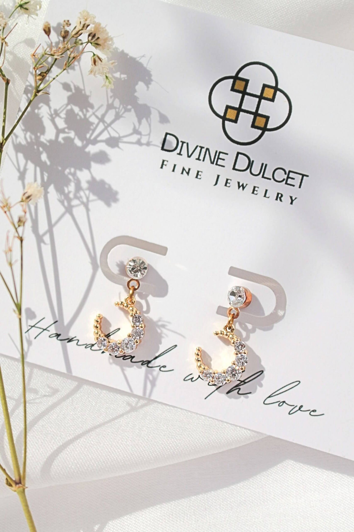 24K Gold-Plated Crescent Moon Cubic Zirconia Stud Earrings