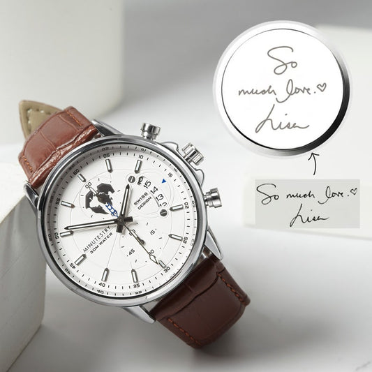 Personalized Handwriting Chronograph Watch – Stainless Steel & Leather Gift for Him