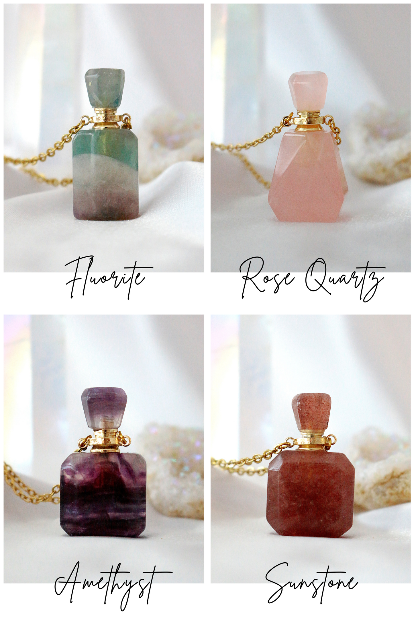 Natural Crystal Aromatherapy Bottle Pendant Necklace – 24K Gold-Plated Chain