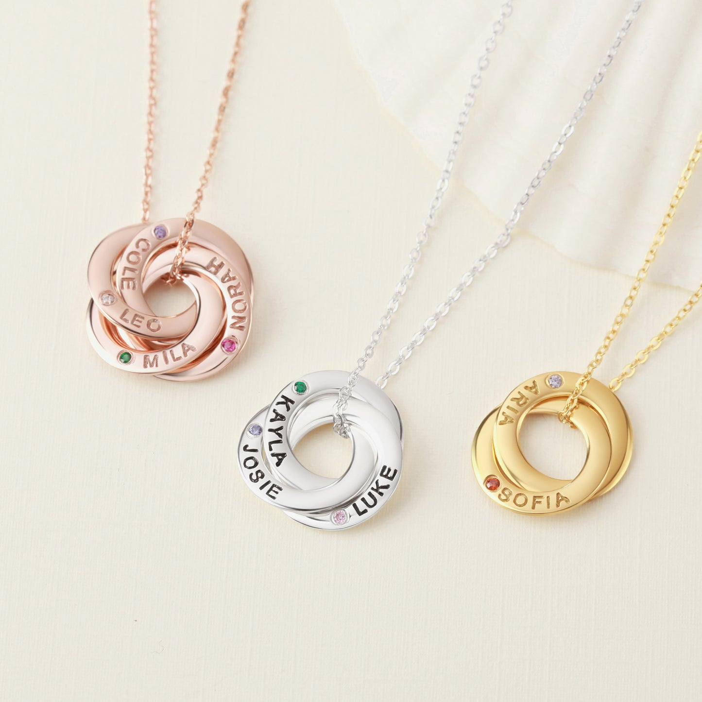 Personalised Interlocking Rings Necklace with Children’s Names & Birthstones