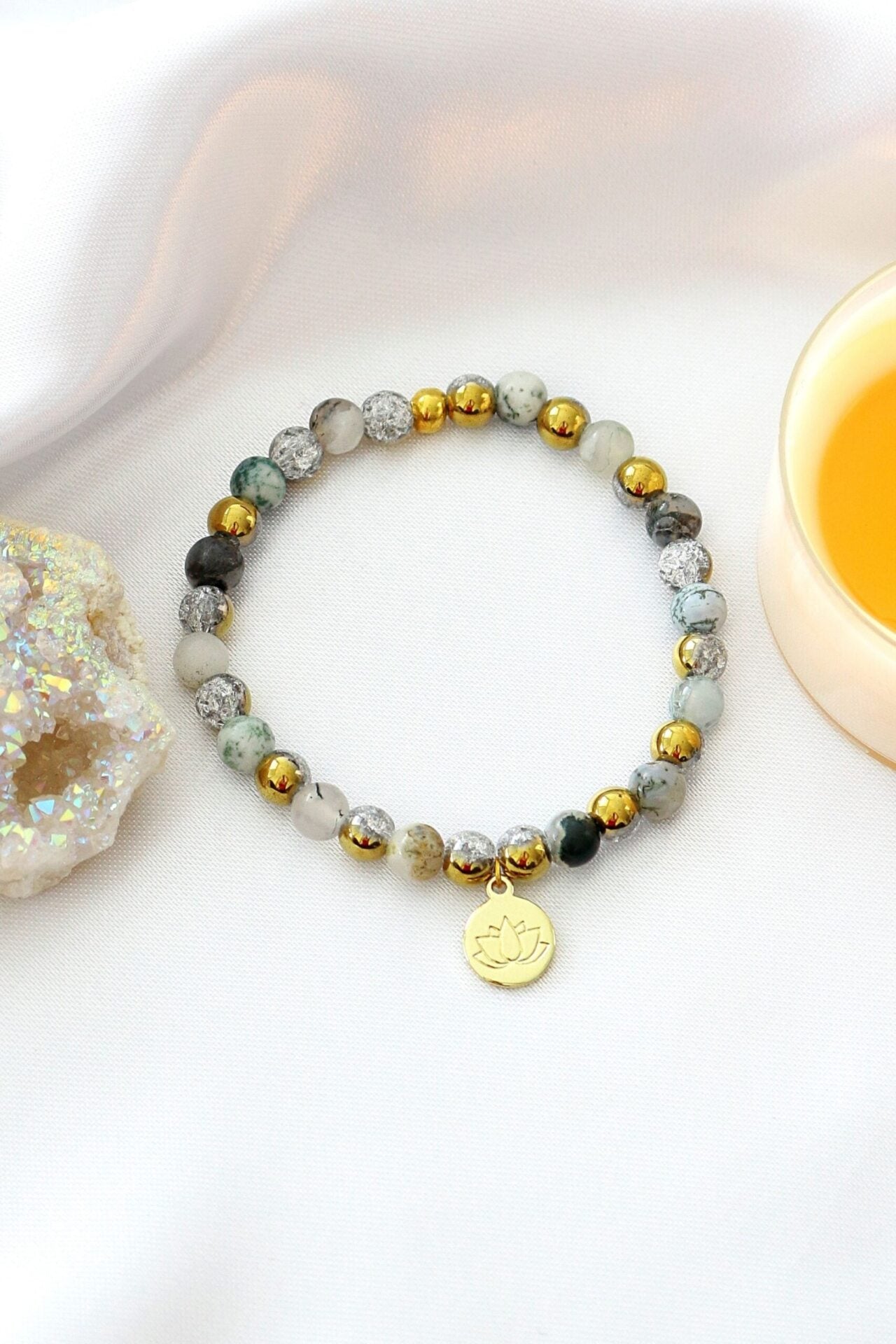 Moss Agate & 24K Gold Lotus Charm Elastic Bracelet