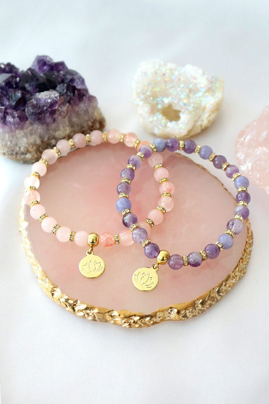 Rose Quartz & Amethyst Harmony Bracelet with 24K Gold-Plated Lotus Charm