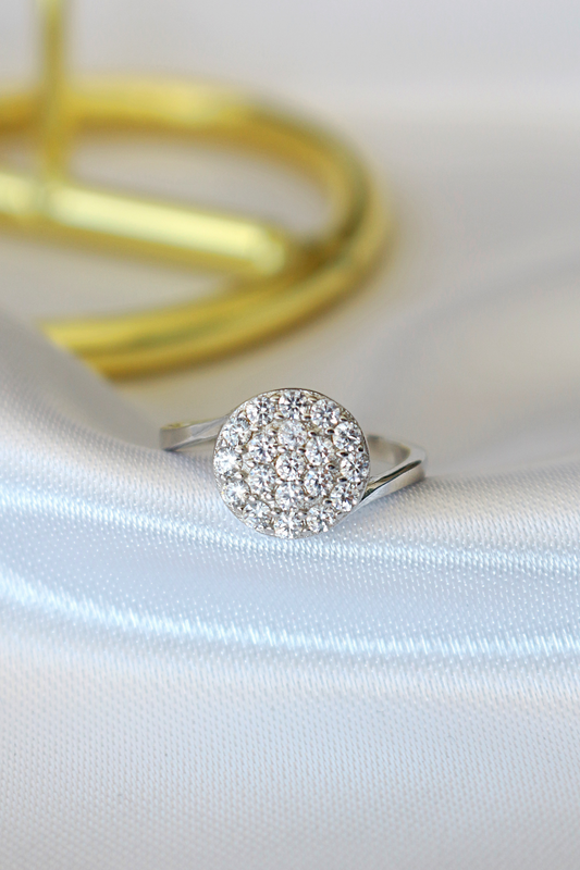 925 Sterling Silver & White Gold-Plated Sparkling Button Statement Ring